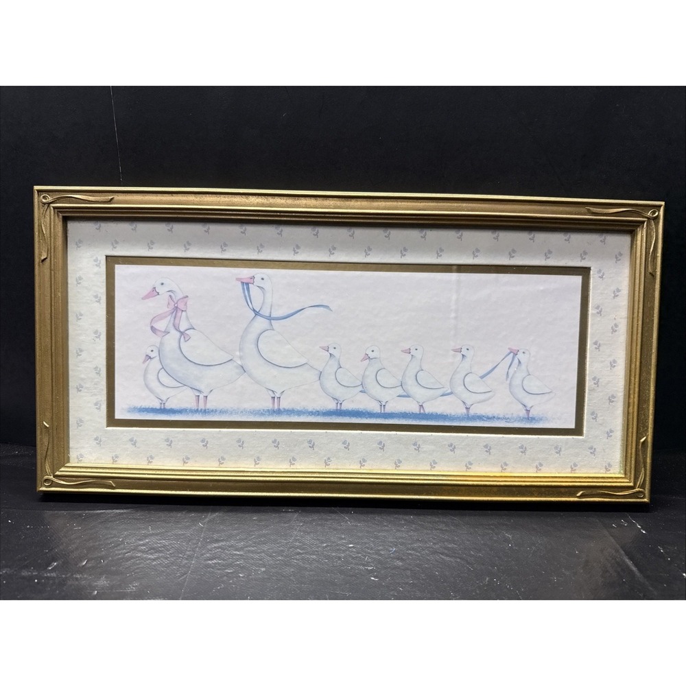 VTG Home Interiors Geese Family Blue Ribbon Gold Framed 90's Cottagecore